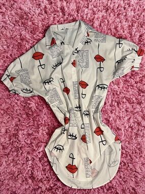 Abstract Lip & Eye Print Button-Up Shirt/dress— White with Red & Black Accents